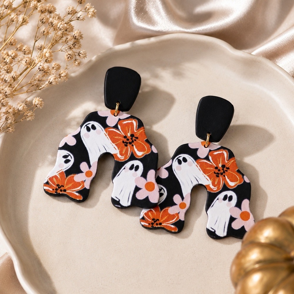 Halloween Ghost Floral Black Acrylic Drop Earrings Pink Orange Abstract Dangle